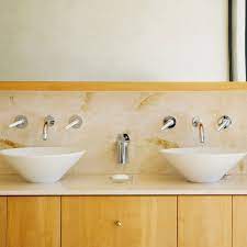White vanity with white double vessel sink. Ideas For Bathrooms With Double Vanities