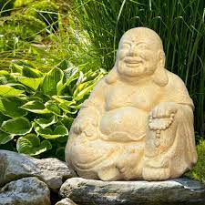 The outdoor garden statue is featured in a dark brown finish with weathered accents. Lucky Buddha Figur Aus Stein Samadhi