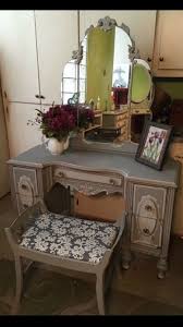 Look At This Detailed Antique Vanity Painted In Two Tones Of Grey And Distressed To Show Off Every Little De Antique Vanity Upholstered Stool Painted Furniture