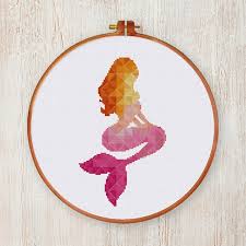 Geometric Mermaid Cross Stitch Pattern Pink Orange Modern Cross Stitch Kit