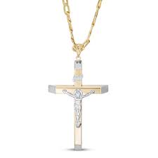 Mens real 10k gold cross pendant large diamond cut jesus crucifix charm 2 inch. Men S Cross Necklace 10k Two Tone Gold Jared