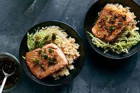 Roasted Salmon With Miso Rice And Ginger Scallion Vinaigrette Recipe Recipe Roasted Salmon Vinaigrette Recipes Salmon Recipes