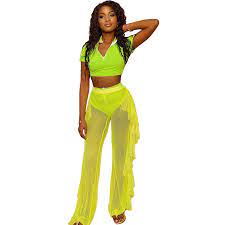 Discover the latest women's festival outfits online at showpo. Chic Neon Green 3 Piece Set Women Tracksuit Festival Clothing Crop Top Mesh Sheer Ruffles Pants Sexy Club Outfits Matching Sets Pant Suits Aliexpress