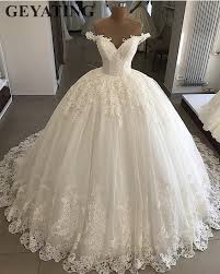 Us 179 2 20 Off 2019 Bling Tulle Ball Gown Wedding Dress Plus Size Lace Appliques Dubai Elegant Off The Shoulder Princess Bridal Gowns Lace Up In