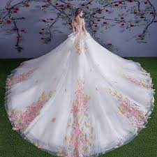 Chic Beautiful Multi Colors Wedding Dresses 2018 Ball Gown Appliques Crystal Off The Shoulder Backless Sleeveless Royal Train Wedding Colored Wedding Dresses Wedding Dresses Romantic Wedding Dresses With Flowers