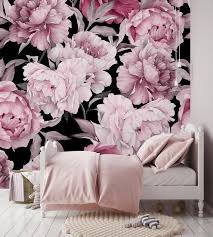 Black And White Floral Peel And Stick Wallpaper Removable Wallpaper Pink Peony On Black Background Peel Etsy Wallpaper Pink And White Mural Wallpaper Peony Wallpaper