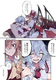 himadera, flandre scarlet, remilia scarlet, touhou, absurdres, highres,  translation request, ascot, bat wings, blonde hair, bow, crystal, hat, hat  ribbon, long hair, mob cap, multiple girls, open mouth, puffy sleeves, red  eyes,