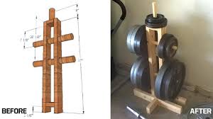 This diy wooden dumbbell rack is made using repurposed 2x4s and 2x3s. Diy Weight Plate Tree For Under 20 Garage Gym Reviews