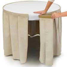 Skirted tables are the best place for creating secret accessible hiding spots for all your stuff. Table Skirting Simple Fit Custom Ready Made Forbes Group Ltd