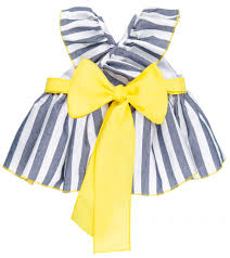 Tirantes en guipur blanco con terminación lazos azul y maxi lazada en espalda. Lappepa Moda Infantil Girls Blue White Striped Dress Knickers Set Missbaby