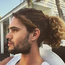 Curly Hair Pulled Back With Beach Blonde Tips Mens Ponytail Hairstyles Blonde Tips Man Ponytail