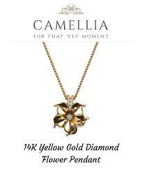 14k Yellow Gold Diamond Pendant Designer Pendant Flower Pendant Gold Necklace Diamond Necklace Flower Necklace Unique Pendant Solid Gold Camellia Jewelry Yellow Gold Diamond Pendant Diamond Flower Pendant Diamond Pendant