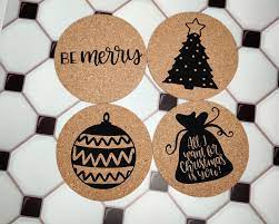 Christmas Cork Coaster Set Christmas Decor Etsy In 2021 Cork Coasters Christmas Arts And Crafts Christmas Coasters