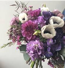 Loving This Purple Bouquet The White Anemones Pop Against The Gorgeous Purple Hydrangea Dahlias And Stock Purple Flower Bouquet Anemone Bouquet Purple