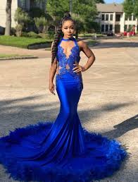 Black And Blue Prom Dress Royal Blue Prom Dresses 2020 Lace Sheer Bodice Feather Mermaid Satin Court Train Evening Dresses Gowns Arabic Party Dresses In 2020 Prom Girl Dresses Black Girl Prom Dresses Prom Dresses Blue