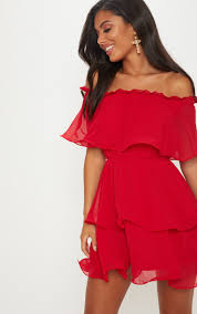 Red Chiffon Bardot Ruffle Tiered Dress Tiered Ruffle Dress Red Chiffon Fashion Clothes Women