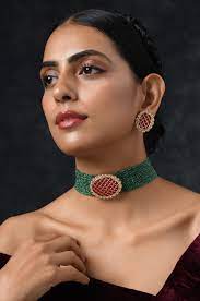 Adriti Green Red Kundan Choker Necklace Set Stone Choker Victorian Choker Necklace Chokers