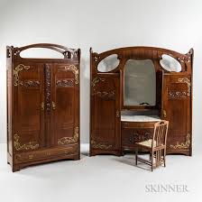 Queen bed w frame and overhead light, dresser w mirror, large dressing table w mirror. Lot Art Louis Majorelle Style Vienna Secession Art Nouveau Bedroom Set