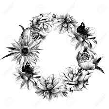 Color tone bars for branch and tomato. Round Frame Of Flowers Dahlias Peonies Of Sunflower And Rose With Butterfly And Leaves On White Background Sketch Vector Graphics Monochrome Illustration Royalty Free Cliparts Vectors And Stock Illustration Image 102403534