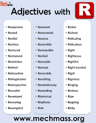 What are some kind words that start with the letter r? Adjectives Starting With R Positive Adjectives With R To Describe A Person Mechmass