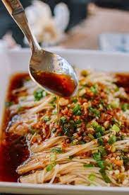 Enoki Mushrooms With Garlic Scallion Sauce Recipe Asian Recipes Recipes Vegetarian Recipes