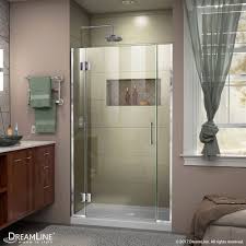 Unidoor X 43 Inch X 72 Inch Frameless Rectangular Pivot Hinged Clear Shower Door With Chrome Accents Frameless Shower Doors