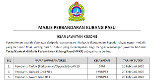 Majlis perbandaran kubang pasu dinaiktaraf kepada majlis perbandaran pada tanggal 22hb oktober 2018. Jawatan Kosong Terkini 2020 Di Majlis Perbandaran Kubang Pasu Mpkp