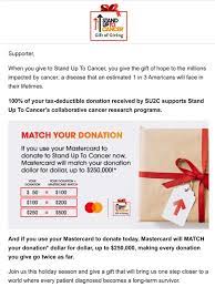 Stand up to cancer is a charitable program that aims to raise money and awareness for cancer research. Stand Up To Cancer Shop Match Offer Mastercard Is Matching Your Donations Dollar For Dollar Milled