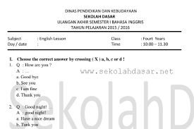 Soal Uas Bahasa Inggris Semester 1 Kelas 4 Sd Mi Sekolahdasar Net