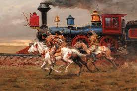 American Indians raiding a US mail train | Native american art, Western  art, West art