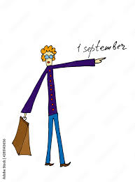 Funny cartoon guy with a briefcase in glasses shows the inscription -  September 1. The day school starts. Stock Illustration | Adobe Stock