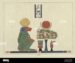 Ancient Egyptian god Thoth depicted as a baboon (Aani), the god of  equilibrium and mediating power between good and evil, illustration from  the book 'Pantheon Egyptien' by Leon Jean Joseph Dubois, 1824.