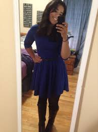 Dark Blue Quarter Sleeve Short Mini Dress Flare With Black Belt Stockings Or Nylons With Black Riding Boots F Fashion Types Of Fashion Styles Fall Boots Outfit