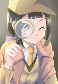 nanairo multi, beyblade x, absurdres, highres, 1girl, black hair, closed  eyes, detective, facepaint, female focus, holding, holding magnifying  glass, light smile, looking at viewer, magnifying glass, one eye closed,  solo, umikisana -