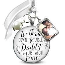 Memorial Wedding Bouquet Charm Honor Father Walk Me Down Aisle Daddy  Silvertone Jewelry White Glass Pendant White Bead 1 Frame Sentimental Dad  ...