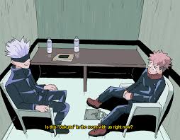 Rule 34 Dev - 2boys black_jacket black_pants blindfold book bottle chain  chair gakuran gojou_satoru grin indoors itadori_yuuji jacket jujutsu_kaisen  meme multiple_boys nikolas_cruz_interrogation_(meme) on_chair pants  photo-referenced pink_hair ...