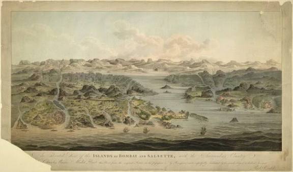 RBSI - 'An elevated view of the Islands of BOMBAY and Salsette, with the surrounding country'. Aquatint by J.S. Barth, Published by Robert Cribb, London, 1803. Coloured aquatint of 'An elevated view
