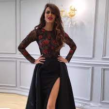Alexander mcqueen knit midi dress with rose m pink, black, red $1,991. Modest Arabic Black Prom Dresses Long Sleeves Red Rose Lace Top High Side Slit Middle East Women Formal Evening Gowns From Freedomlife 122 62 Dhgate Com