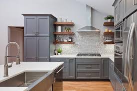 Black and white kitchen with a linear glass mosaic tile backsplash! 75 Beautiful Kitchen With Gray Cabinets And Glass Tile Backsplash Pictures Ideas July 2021 Houzz