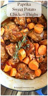 This Paprika Sweet Potato Chicken Thighs Recipe Is A Delicious One Pot Meal Served In Bread Chicken Dinner Recipes Chicken Sweet Potato Chicken Thigh Casserole