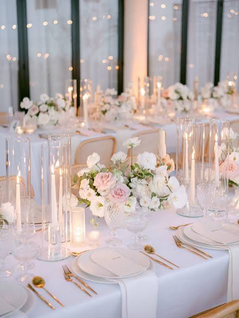 Elegant White Flower and Candle Wedding Centerpiece | White and pink reception decor, White and pink