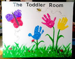 Classroom Canvas Art With Handprint Flowers Footprint Butterfly And Fingerprint Bugs Baby Footprint Art Preschool Crafts Crafts For Kids