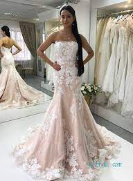 Blush Pink With White Lace Mermaid Wedding Dress Lace Applique Wedding Dress Wedding Dresses Affordable Bridesmaid Dresses
