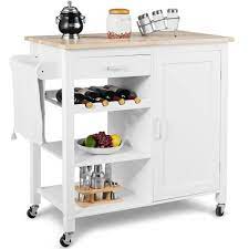 Simple modern design fits into kitchen and dining room. Costway White Kitchen Cart With Natural Wood Top And Wine Rack Kc50279wh The Home Depot White Kitchen Cart Kitchen Island Cabinets Kitchen Island Trolley