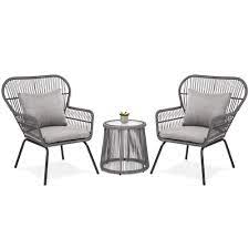 Best Choice Products 3 Piece Patio Conversation Bistro Set Outdoor Wicker W 2 Chairs Cushions Side Table Gray Walmart Com Glass Top Side Table Patio Furniture Sets Bistro Furniture