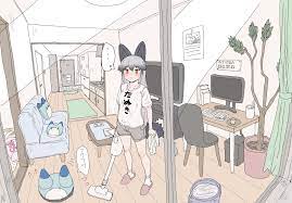 kumasyan1998, lucky beast (kemono friends), silver fox (kemono friends),  kemono friends, absurdres, highres, ..., 1girl, :, animal ears, arms at  sides, black hair, blush, cleaning, closed mouth, computer, contemporary,  couch, curtains, door,