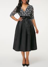 Belted Long Sleeve Lace Panel Black Dress Long Sleeve Cocktail Dress Dresses Black Cocktail Dress