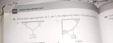Dari gambar dibawah, maka tegangan tali t1 dan t2 adalah. Hitung Besar Gaya Tegangan Tali T1 Dan T2 Jika Digantungi Beban 5 Kg Pada Soal Berikut Ini Yang A Brainly Co Id