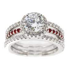 Thin Red Line Engagement 3 Ring Set Sterling 6 5mm Silver Cz With Round Accents Cool Wedding Rings Big Wedding Rings Bridal Ring Sets