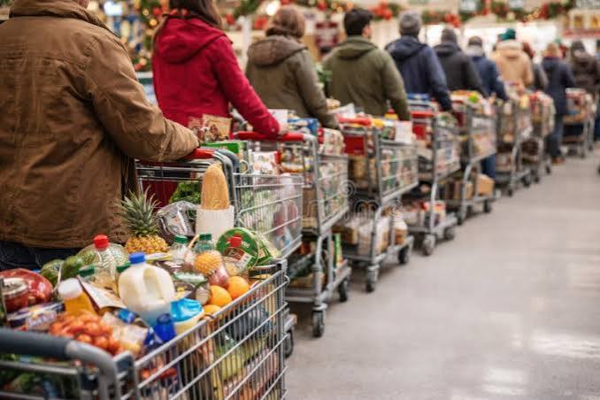 Queue of Shoppers with Carts in a Supermarket. Concept of High Demand, Rising Prices, Holiday Shopping, Product Shortage, Consumer Stock Photo - Image of groceries, goods: 436572006